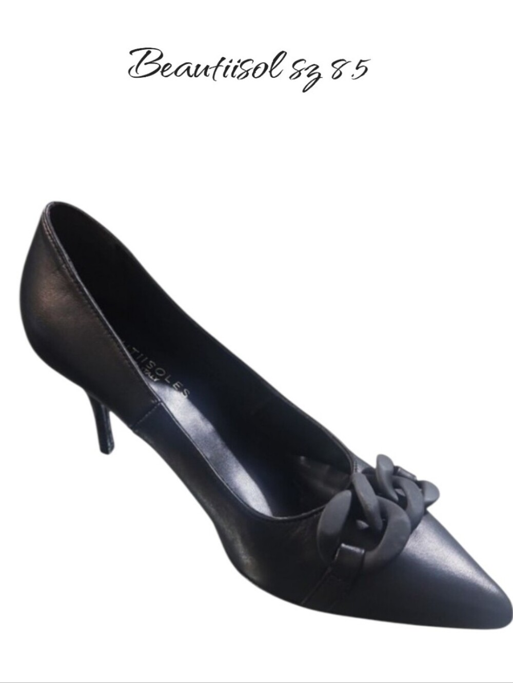 Beautiisoles Camilla Black Nappa Leather Chain Pumps 8.5 New